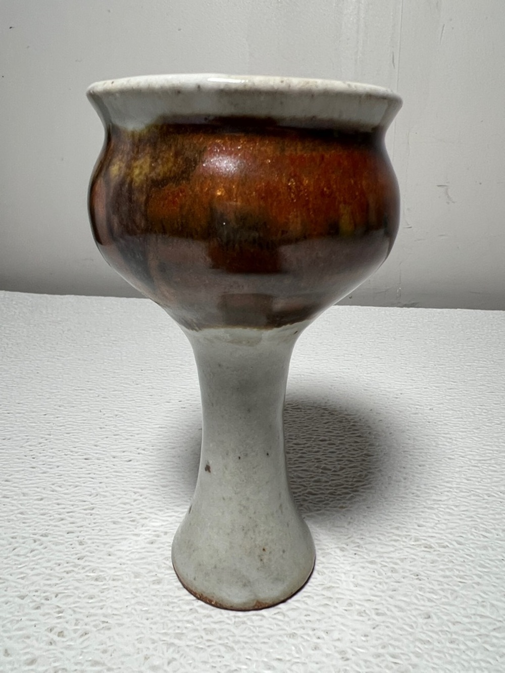 Handmade Rust Brown and Cream Pottery Chalice/Vase Artist Mark on Bottom